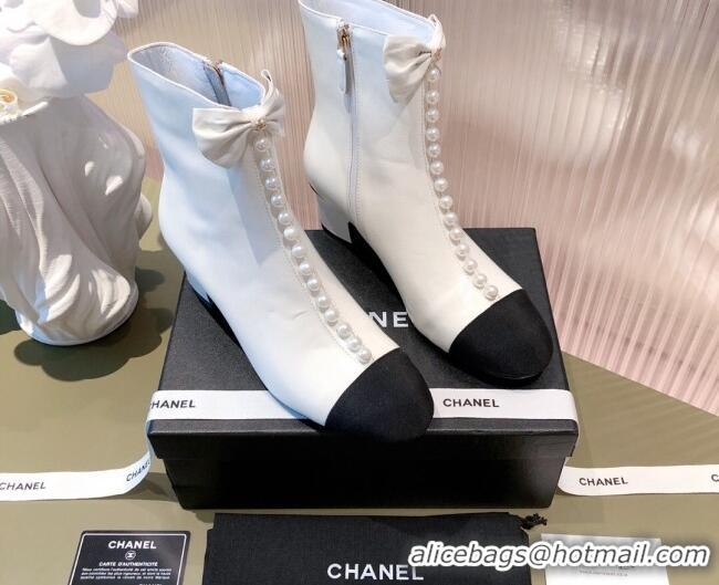 Low Price Chanel Shiny Calfskin Short Ankle Boots with Pearl and Bow G37206 White 2021