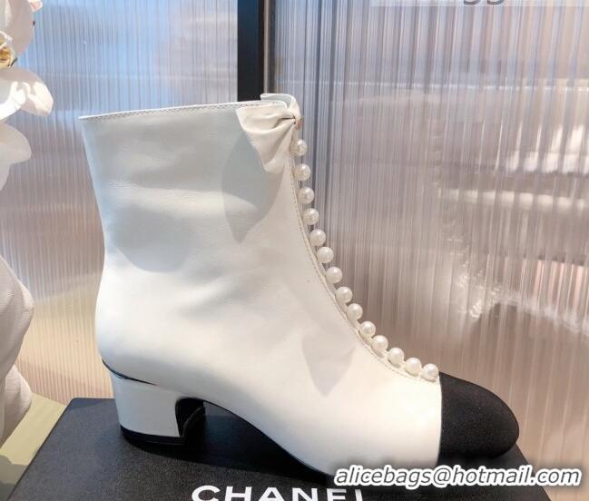 Low Price Chanel Shiny Calfskin Short Ankle Boots with Pearl and Bow G37206 White 2021