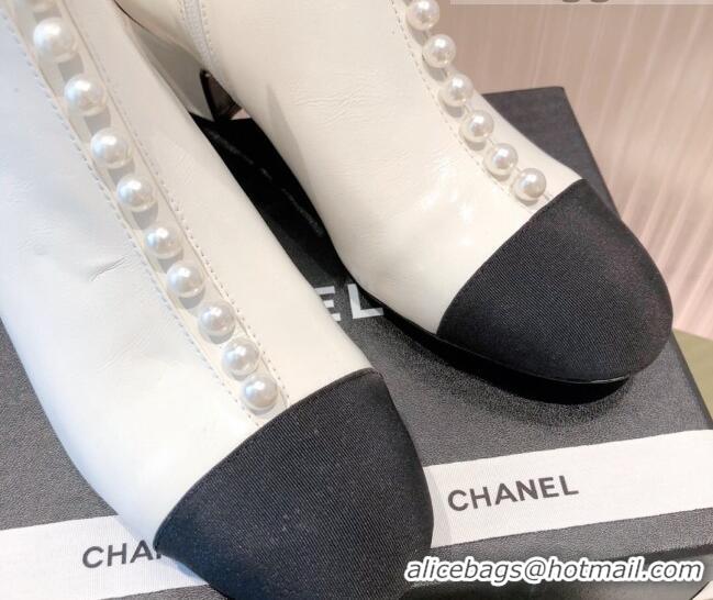 Low Price Chanel Shiny Calfskin Short Ankle Boots with Pearl and Bow G37206 White 2021