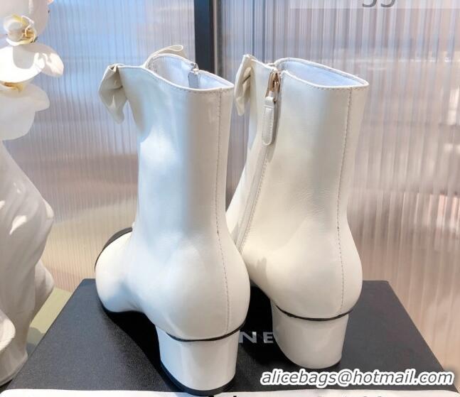 Low Price Chanel Shiny Calfskin Short Ankle Boots with Pearl and Bow G37206 White 2021