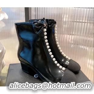 New Style Chanel Shiny Calfskin Short Ankle Boots with Pearl and Bow G37206 Black 2021