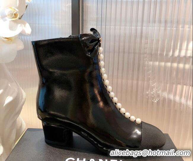 New Style Chanel Shiny Calfskin Short Ankle Boots with Pearl and Bow G37206 Black 2021