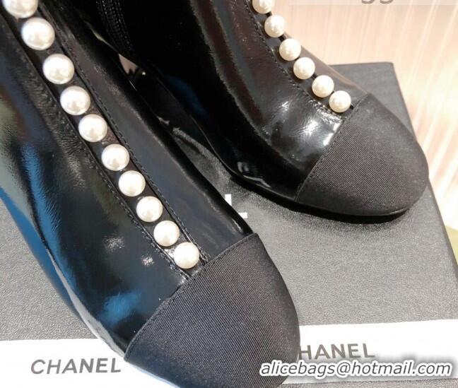 New Style Chanel Shiny Calfskin Short Ankle Boots with Pearl and Bow G37206 Black 2021