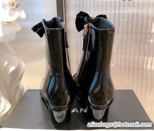 New Style Chanel Shiny Calfskin Short Ankle Boots with Pearl and Bow G37206 Black 2021