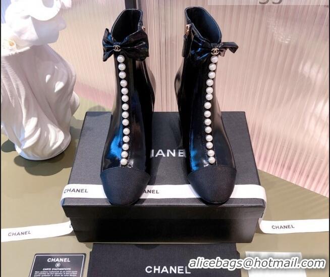 New Style Chanel Shiny Calfskin Short Ankle Boots with Pearl and Bow G37206 Black 2021