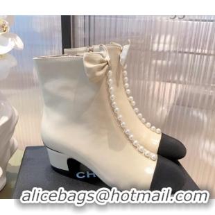 Low Price Chanel Shiny Calfskin Short Ankle Boots with Pearl and Bow G37206 Apricot 2021