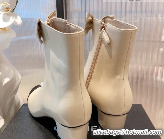 Low Price Chanel Shiny Calfskin Short Ankle Boots with Pearl and Bow G37206 Apricot 2021