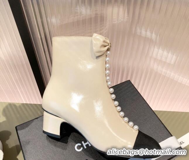 Low Price Chanel Shiny Calfskin Short Ankle Boots with Pearl and Bow G37206 Apricot 2021