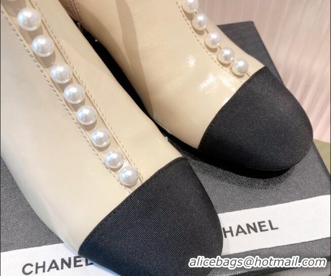 Low Price Chanel Shiny Calfskin Short Ankle Boots with Pearl and Bow G37206 Apricot 2021