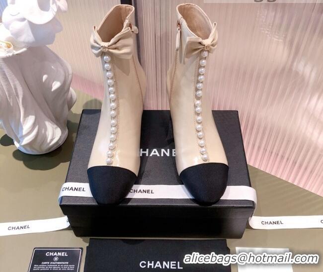 Low Price Chanel Shiny Calfskin Short Ankle Boots with Pearl and Bow G37206 Apricot 2021