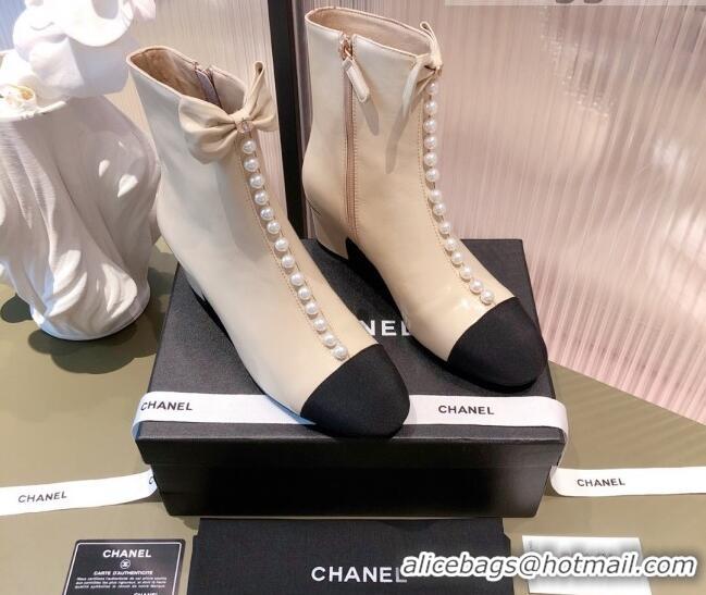 Low Price Chanel Shiny Calfskin Short Ankle Boots with Pearl and Bow G37206 Apricot 2021