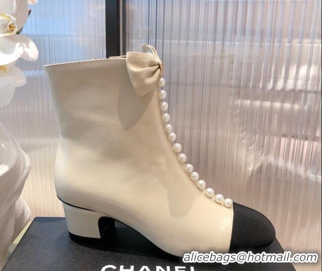 Low Price Chanel Shiny Calfskin Short Ankle Boots with Pearl and Bow G37206 Apricot 2021