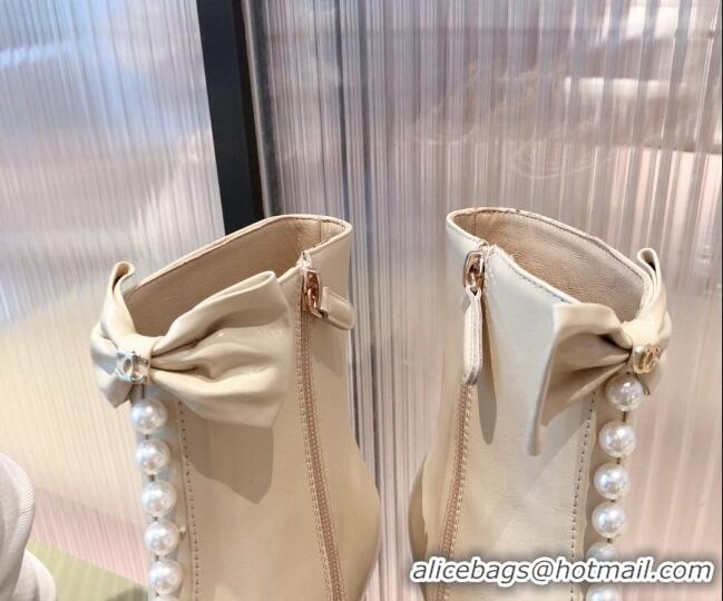 Low Price Chanel Shiny Calfskin Short Ankle Boots with Pearl and Bow G37206 Apricot 2021