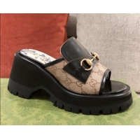 Good Quality Gucci Leather and GG Canvas Mid-heel Slide Sandal with Horsebit Black/Beige 042940