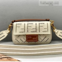 Most Popular Fendi Baguette Mini Bag with FF embroidery 8372S White 2021