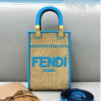 Promotional Fendi Sunshine Mini Shopper Tote Bag in Braided Straw 8376 Blue 2021