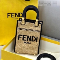 Cheap Fendi Sunshine Mini Shopper Tote Bag in Braided Straw 8376 Black 2021