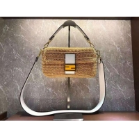 Buy Discount Fendi BAGUETTE yellow cotton crochet bag 8BR600