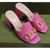 Feminine Gucci Leather Slide Sandal with Horsebit 7cm 043041 Pink 2021