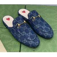 Purchase Gucci GG Denim Princetown Slipper with Horsebit 043055 Dark Blue 2021