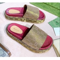 Good Quality Gucci GG Canvas Platform Slide Sandal 573018 Gold 2021