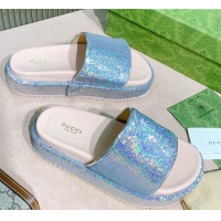 Grade Quality Gucci Sequins Platform Slide Sandal 573018 Light Blue 2021