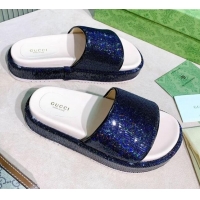 Good Looking Gucci Sequins Platform Slide Sandal 573018 Navy Blue 2021