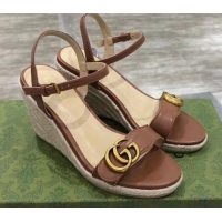 Good Looking Gucci GG Lambskin Wedge Sandals 050722 Brown/Gold 2021