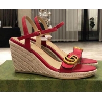 Top Design Gucci GG Lambskin Wedge Sandals 050722 Red/Gold 2021