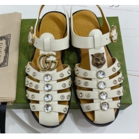 Good Quality Gucci Crystal Stud Flat Sandals 061165 White 2021