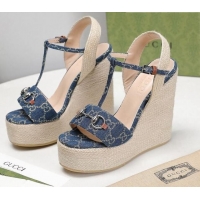 Good Quality Gucci GG Denim Wedge Sandals 13cm 071417 Blue 2021