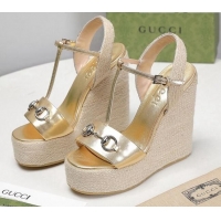 Low Price Gucci Calfskin Wedge Sandals 13cm 071418 Gold 2021