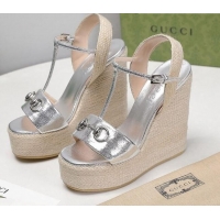 Good Product Gucci Calfskin Wedge Sandals 13cm 071418 Silver 2021