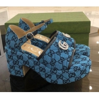 Super Quality Gucci GG Multicolor Canvas Platform Sandals 9cm 071449 Blue