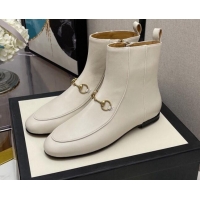 Luxury Cheap Gucci Lambskin Horsebit Flat Ankle Boots 081058 White 2021