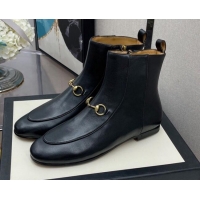 Good Taste Gucci Lambskin Horsebit Flat Ankle Boots 081058 Black 2021