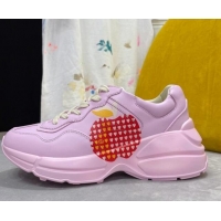 Super Quality Gucci Rhyton Sneakers in Heart Apple Print Calfskin 081301 Pink 2021