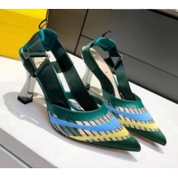 Grade Design Fendi Colibri Striped Mesh Slingback Pumps 8cm 070619 Green 2021