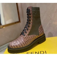 Best Price Fendi Rockoko Stone Embossed Calfskin and Knit Ankle Boots 081247 Brown 2021