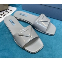 Discount Prada Shiny Leather Triangle Logo Flat Slide Sandals Grey 043090