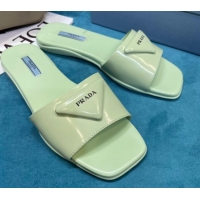  Top Quality Prada Shiny Leather Triangle Logo Flat Slide Sandals 043090 Green