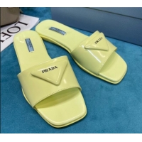 Low Cost Prada Shiny Leather Triangle Logo Flat Slide Sandals 043090 Yellow