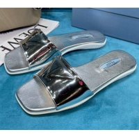 New Design Prada Shiny Leather Triangle Logo Flat Slide Sandals 043094 Silver 2021