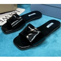 Top Quality Prada Shiny Leather Triangle Logo Flat Slide Sandals 043094 Black 2021