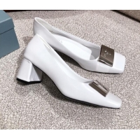 Cute Prada Metallic Logo Leather Pumps 510101 White 2021 