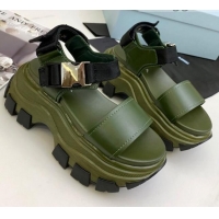 Good Quality Prada Calfskin Platform Sandals with Metal Buckle 061220 Green 2021