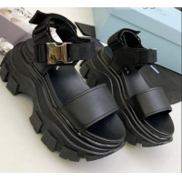 New Fashion Prada Calfskin Platform Sandals with Metal Buckle 061220 Black 2021