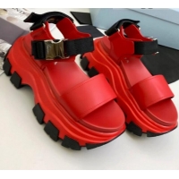 Elegant Prada Calfskin Platform Sandals with Metal Buckle 061220 Red 2021