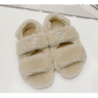 Super Quality Prada Shearling Wool Flat Sandals 071438 Beige 2021