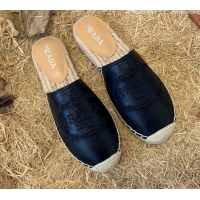 Best Quality Prada Lambskin Logo Embroidered Espadrille Mules 081305 Black 2021